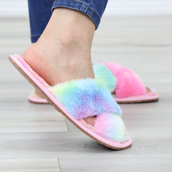 Cross Strap Tie Dye Multi Color Puff Fuzzy Furry Fluffy Slip On Plush Slippers - Picture 8 of 15